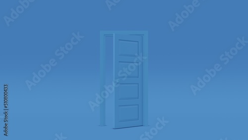 3d rendering  yellow light going through the opening double door isolated on blue background. Architectural design element. Modern minimal concept. Opportunity metaphor