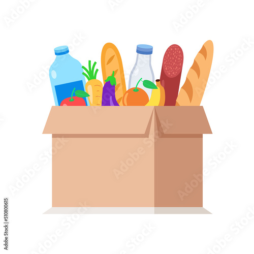 Box with food. Donate concept. Volunteering donate with products. Vector illustration.