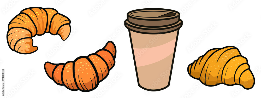 Coffee break .Vector image of croissants, donuts and coffee on a white background. Drawing lines in color. Coffee break .Vector image of croissants, donuts and coffee on a white background. Drawing lines in color.