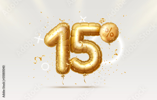 15 Off. Discount creative composition. 3d Golden sale symbol with decorative objects, heart shaped balloons, golden confetti. Sale banner and poster. Vector