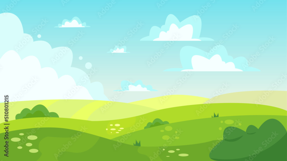 green hills with bushes and grass on a background of blue sky with clouds. Grass landscape with sky clouds and mountains. Spring vector landscape.