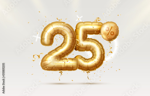 25 Off. Discount creative composition. 3d Golden sale symbol with decorative objects, heart shaped balloons, golden confetti. Sale banner and poster. Vector