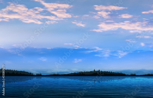 abstract sunset background with forest lake and white clouds
