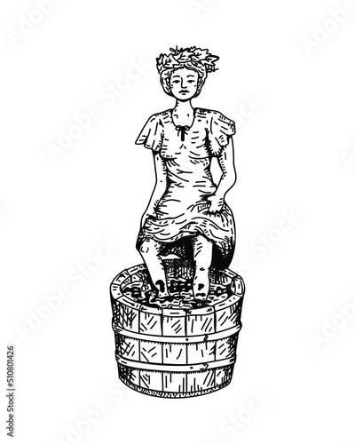 Young woman crushing grapes with legs for wine making. Gathering vines, home winery in the village. Engraving style. Vector illustration.