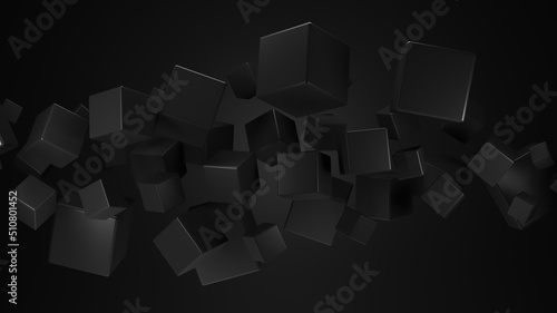 3D render of scattered black cubes levitating on black background