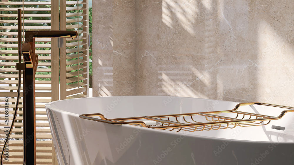 ภาพประกอบสต็อก Realistic 3D render close up blank empty luxury gold bath caddy rack on white