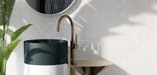 Realistic 3D render modern stylish stand alone teal green ceramic wash basin with white marble based, stainless steel brass faucet, Blank empty golden designed size table for product display. Space.