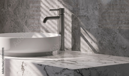 Realistic 3D render close up perspective blank empty marble counter top for product display with modern white ceramic wash basin and faucet. Morning sunlight and blind curtains shadow on granite wall.
