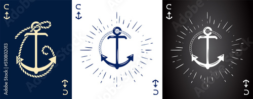 Set of three Vintage Label with an Anchor and Letter made of Ship Rope. Apparel t-shirt or Poster Design. Logotype Monogram with Playing Cards Style. Vector illustration.