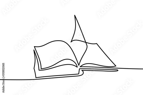 Open book in continuous line art drawing style. Education and knowledge symbol. Black linear design isolated on white background. Vector illustration