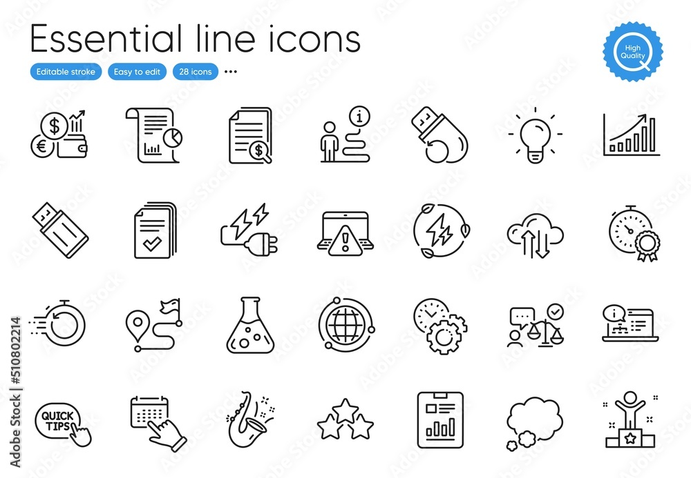 Flash memory, Ranking stars and Fast recovery line icons. Collection of Event click, Winner, Online documentation icons. Handout, Report, Usb flash web elements. Time management. Vector