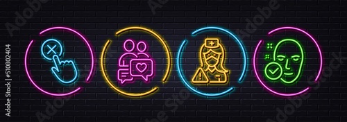 Reject click, Nurse and Dating chat minimal line icons. Neon laser 3d lights. Health skin icons. For web, application, printing. Delete button, Medical mask, People love. Clean face. Vector