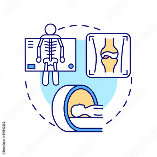 Arthritis disease diagnostics concept icon for light theme. Roentgen and MRT. Bones and skeleton. Technology of bones checkup abstract idea thin line illustration. Isolated outline drawing