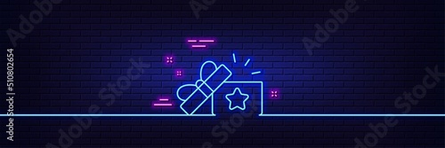 Neon light glow effect. Loyalty gift box line icon. Bonus points. Discount program symbol. 3d line neon glow icon. Brick wall banner. Loyalty gift outline. Vector
