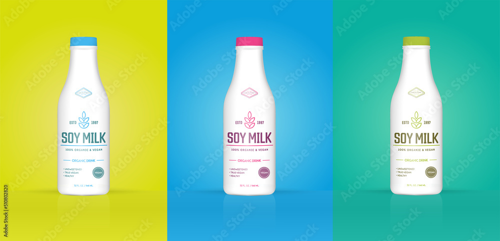 Set of Soy Milk Bottle with Colorful Background. Healthy Organic Product Made of Soy Beans. Vector Illustration. Advertising Template. Print. Set of Soy Milk Bottle with Colorful Background. Healthy Organic Product Made of Soy Beans. Vector Illustration. Advertising Template. Print.