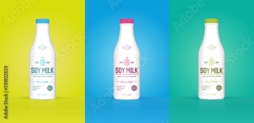 Set of Soy Milk Bottle with Colorful Background. Healthy Organic Product Made of Soy Beans. Vector Illustration. Advertising Template. Print.
