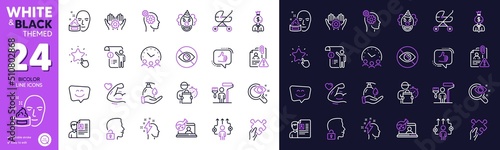 Like, Delivery man and Manual doc line icons for website, printing. Collection of Vision test, Puzzle, Strong arm icons. Business way, Ranking star, Employee hand web elements. Vector