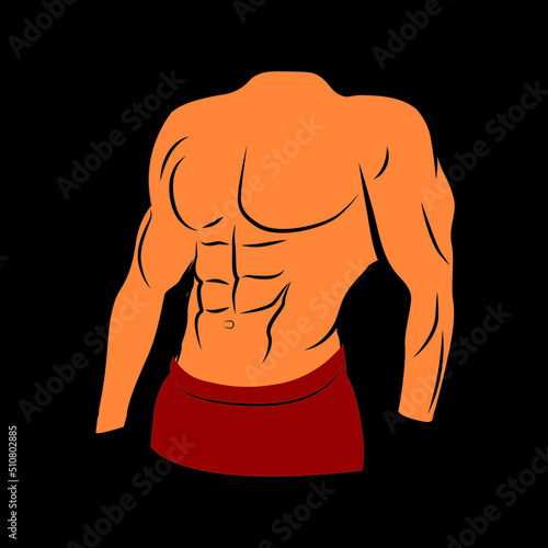 Muscular body of young man vector isolated. Muscled male torso with abs. Fitness logo.