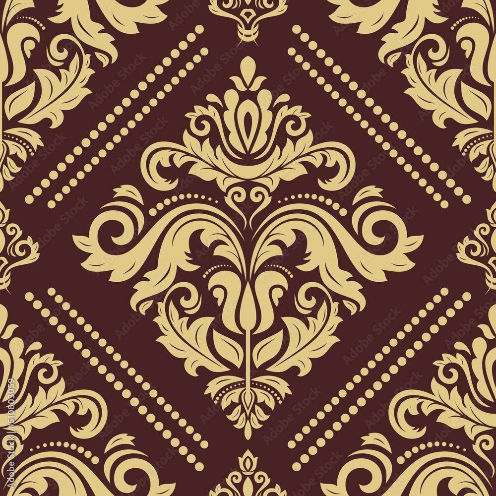 Classic seamless vector pattern. Damask orient brown and golden ornament. Classic vintage background. Orient pattern for fabric, wallpapers and packaging Classic seamless vector pattern. Damask orient brown and golden ornament. Classic vintage background. Orient pattern for fabric, wallpapers and packaging