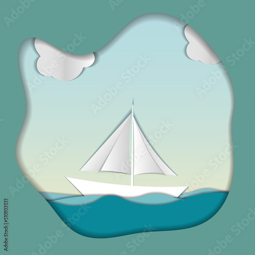 Sailboat in the sea.. Paper cut illustration for advertising, travel, tourism, cruises, travel agency Vector illustration