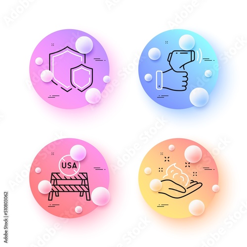 Shields, Usa close borders and Electronic thermometer minimal line icons. 3d spheres or balls buttons. Skin care icons. For web, application, printing. Vector