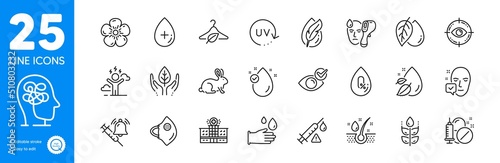 Outline icons set. Difficult stress, Slow fashion and Vaccine attention icons. No alcohol, Serum oil, Vitamin e web elements. Water drop, Hypoallergenic tested, Medical drugs signs. Vector