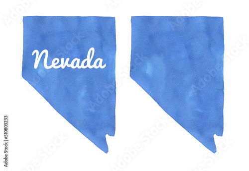 Watercolour drawing set of Nevada State Map in sky blue color in two variations: blank shape and with "Nevada" inscription. Hand painted water color sketch on white for design decoration, card, label.
