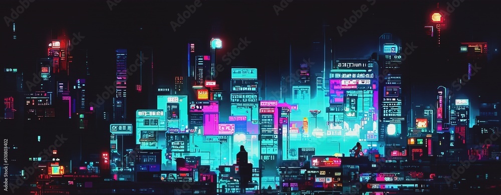 Cyberpunk neon city night. Futuristic city scene in a style of pixel art.  80's wallpaper. Retro future 3D illustration. Urban scene. Stock  Illustration