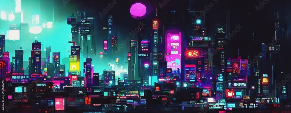 Cyberpunk neon city street at night. Futuristic city scene in a