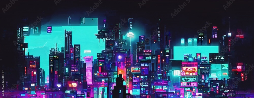 Cyberpunk city street. Sci-fi wallpaper. Futuristic city scene in a style  of pixel art. 80's wallpaper. Retro future 3D illustration. Urban scene.  Stock Illustration