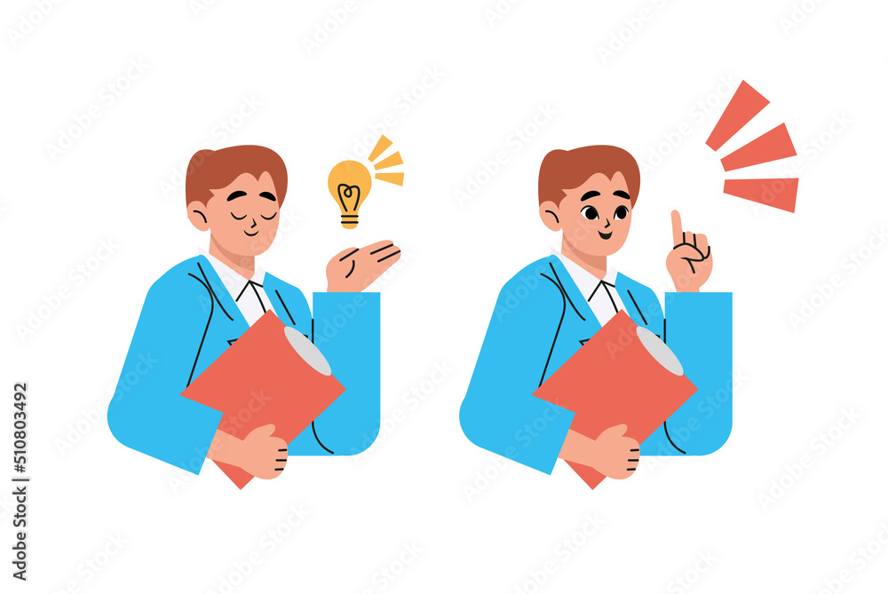 Man in charge of sales explaining to customers, trendy creative office worker giving a presentation. Flat vector illustration isolated on white background. Man in charge of sales explaining to customers, trendy creative office worker giving a presentation. Flat vector illustration isolated on white background.