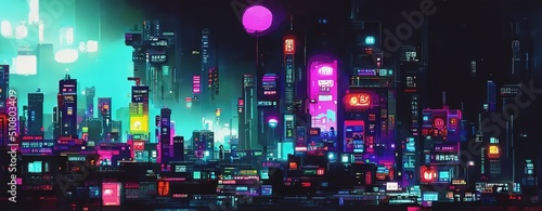 Cyberpunk neon city street at night. Futuristic city scene in a style of pixel art. 80 s wallpaper. Retro future 3D illustration. Urban scene. 