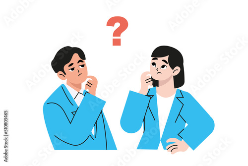 New member of society who is thinking, modern employee, man and woman, trendy creative office worker search for a solution. Flat vector illustration isolated on white background.