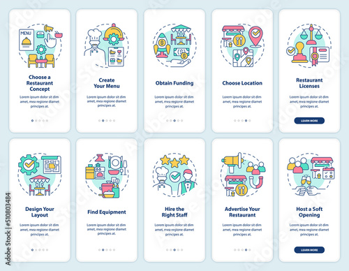 Trend restaurant business approaches onboarding mobile app screen set. Walkthrough 5 steps editable graphic instructions with linear concepts. UI, UX, GUI template. Myriad Pro-Bold, Regular fonts used