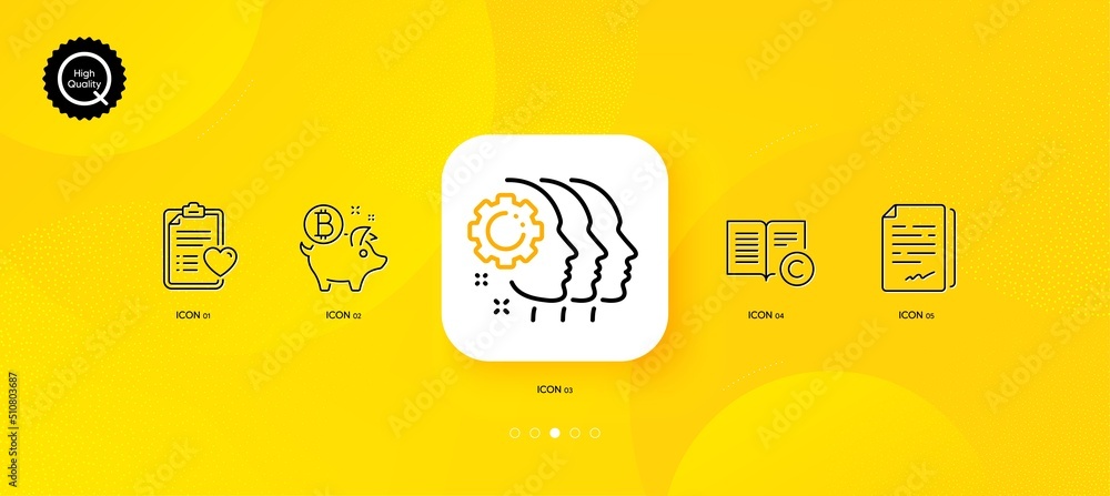 Copyright, Patient history and Bitcoin coin minimal line icons. Yellow abstract background. Employees teamwork, Document signature icons. For web, application, printing. Vector - obrazy, fototapety, plakaty 