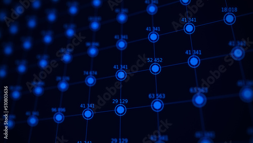 Ordered structure with blue circles and numbers. Futuristic infografic. Financial analytics. Network connection. Technology blockchain concept. Connecting dots and lines on dark background. 3d