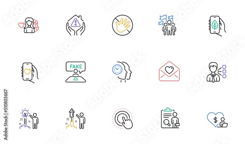 Dating app, Click hand and Third party line icons for website, printing. Collection of Love letter, Woman love, Time management icons. House protection, Ecology app, Fireworks web elements. Vector