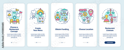 Opening restaurant steps onboarding mobile app screen. Create menu walkthrough 5 steps editable graphic instructions with linear concepts. UI, UX, GUI template. Myriad Pro-Bold, Regular fonts used