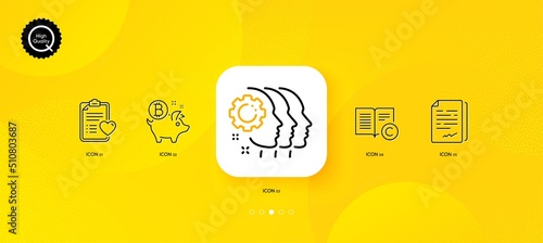 Copyright, Patient history and Bitcoin coin minimal line icons. Yellow abstract background. Employees teamwork, Document signature icons. For web, application, printing. Vector