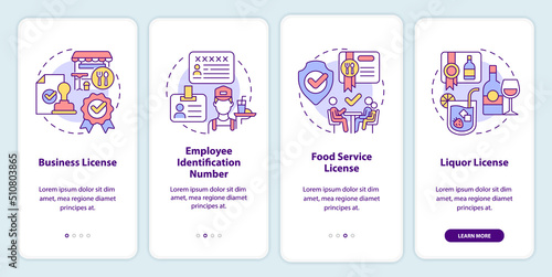 Restaurant business licenses onboarding mobile app screen. Walkthrough 4 steps editable graphic instructions with linear concepts. UI, UX, GUI template. Myriad Pro-Bold, Regular fonts used