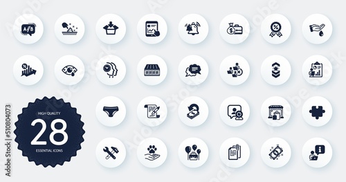 Set of Business icons, such as Payment, Document attachment and Shoulder strap flat icons. Internet report, Puzzle, Remove team web elements. Discount medal, Market, Loan percent signs. Vector