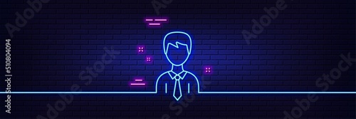 Neon light glow effect. Male User line icon. Profile Avatar sign. Businessman Person silhouette symbol. 3d line neon glow icon. Brick wall banner. Businessman outline. Vector