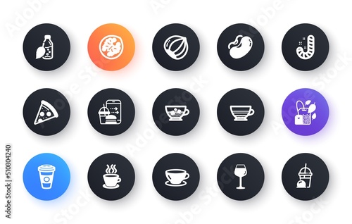 Minimal set of Mocha, Beans and Pizza flat icons for web development. Walnut, Food order, Hazelnut icons. Mint bag, Cold coffee, Candy web elements. Water bottle, Bordeaux glass, Tea cup. Vector