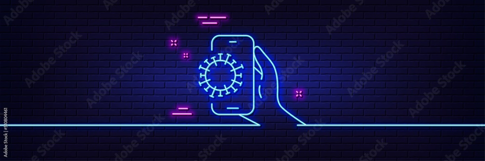 Neon light glow effect. Covid phone app line icon. Coronavirus application sign. Dirty smartphone symbol. 3d line neon glow icon. Brick wall banner. Covid app outline. Vector Neon light glow effect. Covid phone app line icon. Coronavirus application sign. Dirty smartphone symbol. 3d line neon glow icon. Brick wall banner. Covid app outline. Vector