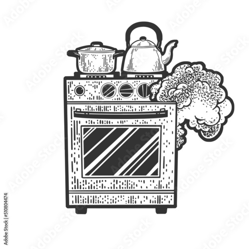 smoking oven stove sketch engraving vector illustration. T-shirt apparel print design. Scratch board imitation. Black and white hand drawn image.