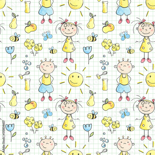 Happy children in summer. Funny little children play, run and jump. Color seamless pattern in children's doodle style. Hand drawn illustration isolated on white background.