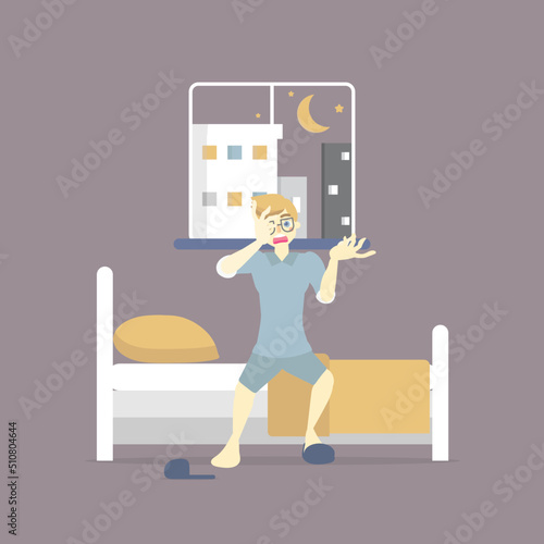 stress depressed man lying on bed, health care sleeplessness disorder insomnia infographic concept, vector illustration cartoon flat character design clip art