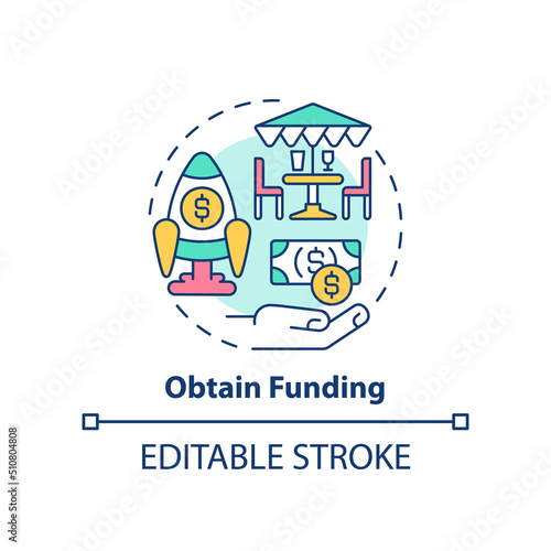 Obtain funding concept icon. Start restaurant journey abstract idea thin line illustration. Business loans. Get financing. Isolated outline drawing. Editable stroke. Arial, Myriad Pro-Bold fonts used
