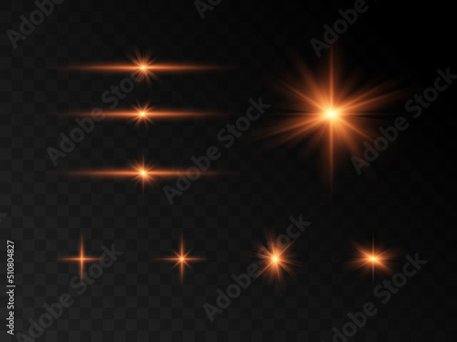 Set of flares, lights and lines. Abstract golden lights isolated on transparent background. Bright light flashes with glare. Bright beams of light. Vector illustration. EPS 10
