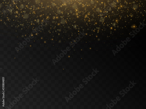 Light gold background with bokeh, falling golden sparks, dusty glitter with blur effect for the design of cards, invitations, congratulations, presentations.